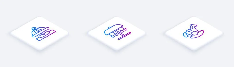 Set Isometric line Attraction carousel, and Horse in saddle swing. White square Stock Illustration