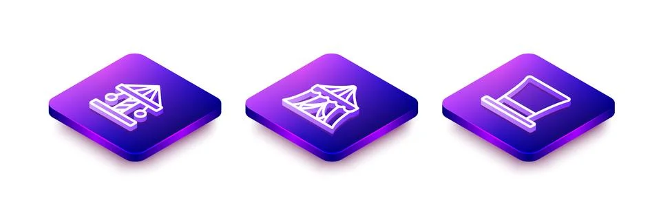 Set Isometric line Attraction carousel, Circus tent and Cylinder hat icon. .. Stock Illustration