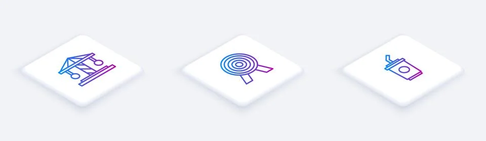 Set Isometric line Attraction carousel, Target and Paper glass with water. .. Stock Illustration