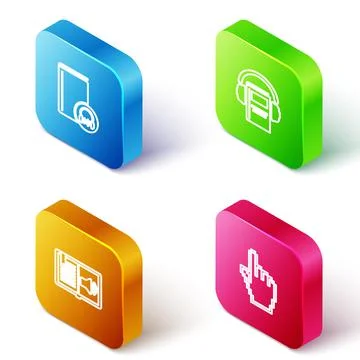 Set Isometric line Audio book, , and Pixel hand cursor icon. Vector Stock Illustration