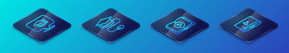 Set Isometric line Audio book, Graduation cap in speech bubble, Online play v Stock Illustration