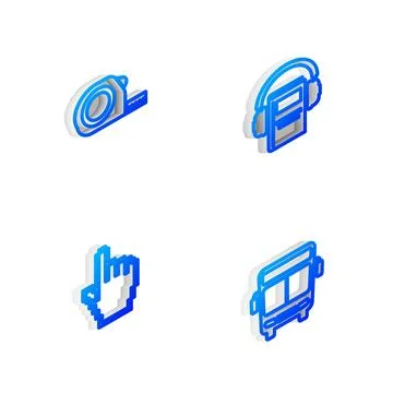 Set Isometric line Audio book, Roulette construction, Pixel hand cursor and Bus Stock Illustration