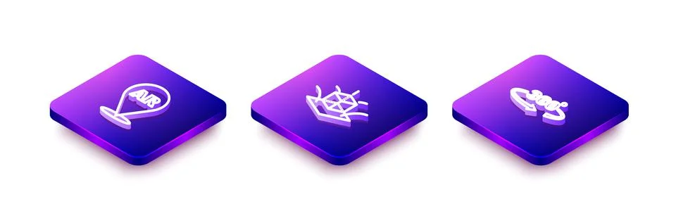 Set Isometric line Augmented reality AR, 3d modeling and 360 degree view icon Stock Illustration