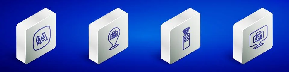 Set Isometric line Auto flash, Photo camera, Remote control for and  icon. .. Stock Illustration
