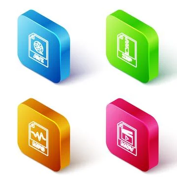 Set Isometric line AVI file document, ZIP, MP3 and MOV icon. Vector 库存插图