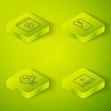 Set Isometric line Backstage, Retro cinema camera, Online play video and icon Stock Illustration