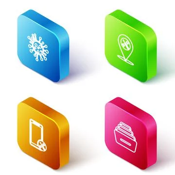 Set Isometric line Bacteria, Location service, Mobile and Drawer with documents Stock Illustration