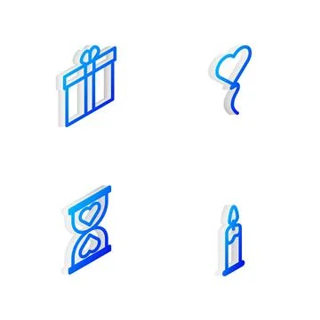Set Isometric line Balloon in form of heart, Gift box and, Heart the center イラスト素材