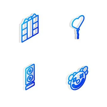 Set Isometric line Balloons in form of heart, Gift box, Stereo speaker and .. イラスト素材