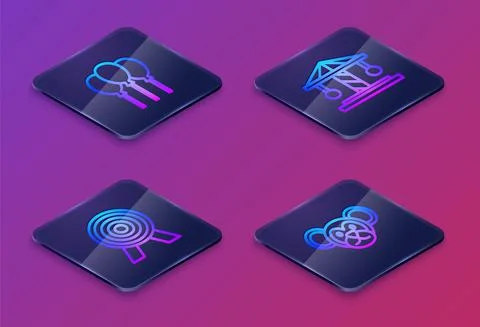 Set Isometric line Balloons with ribbon, Target, Attraction carousel and Monkey Stock Illustration