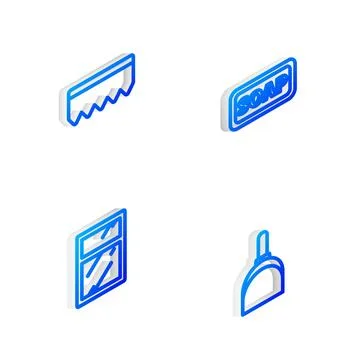Set Isometric line Bar of soap, Sponge with bubbles, Cleaning service for win Stock Illustration