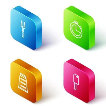 Set Isometric line Barbecue fork, Kitchen timer, Grater and Meat chopper icon Stock Illustration