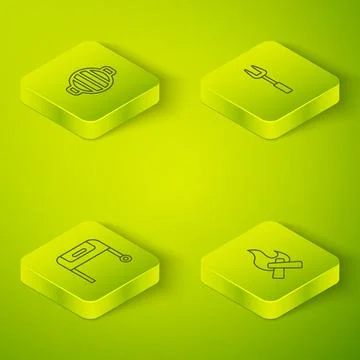 Set Isometric line Barbecue fork, grill, Campfire and icon. Vector イラスト素材