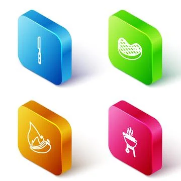 Set Isometric line Barbecue knife, Steak meat, Hot chili pepper pod and grill Stock Illustration