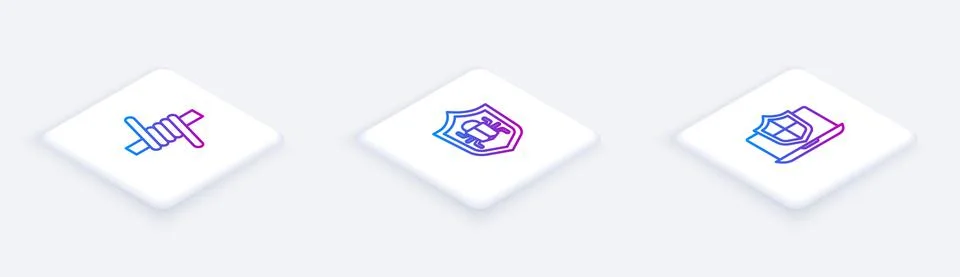 Set Isometric line Barbed wire, System bug and Laptop protected with shield Stock Illustration