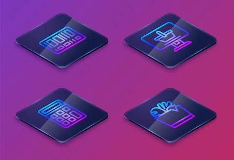 Set Isometric line Barcode, Calculator, Shopping cart on computer and bag and Illustrazione stock
