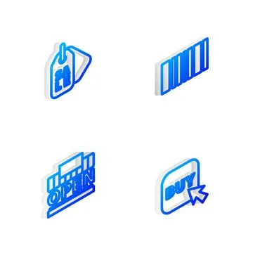 Set Isometric line Barcode, Price tag with Sale, Shopping building and open and Illustrazione stock