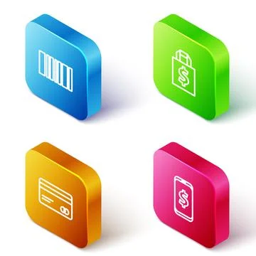 Set Isometric line Barcode, Shoping bag and dollar, Credit card and Smartphon Stock-Illustration
