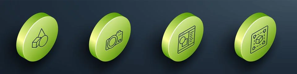 Set Isometric line Basic geometric shapes, Photo camera, 3D printer software and Illustrazione stock