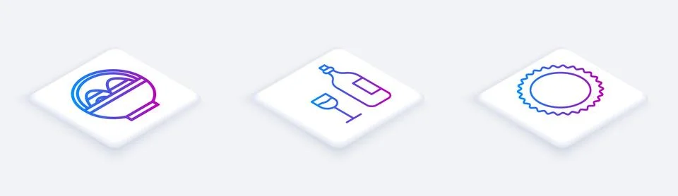 Set Isometric line Basket with easter eggs, Wine bottle with glass and Sun Stock Illustration