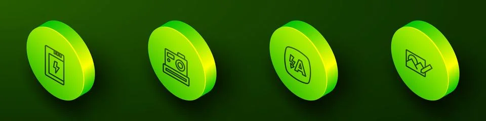 Set Isometric line Battery for camera, Photo, Auto flash and retouching ico.. Stock Illustration