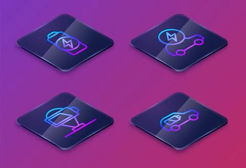 Set Isometric line Battery charge, Electric car and . Blue square button. Vector Stock Illustration