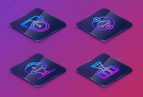 Set Isometric line Battery charge, Electric car, and . Blue square button Stock Illustration