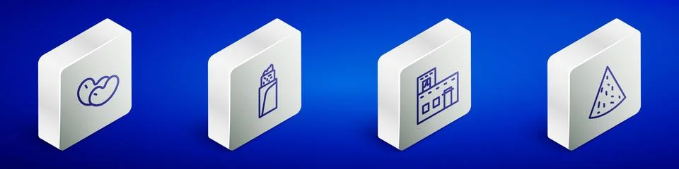 Set Isometric line Beans, Burrito, Mexican house and Nachos icon. Vector Ilustración de archivo