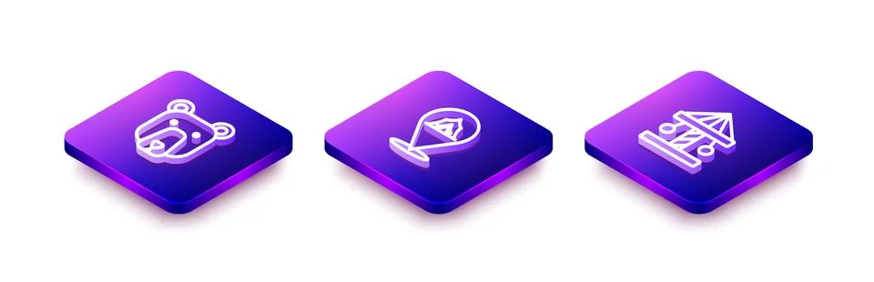 Set Isometric line Bear head, Circus tent and Attraction carousel icon. Vecto Stock Illustration