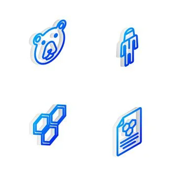 Set Isometric line Beekeeper with protect hat, Bear head, Honeycomb and icon Ilustração Stock