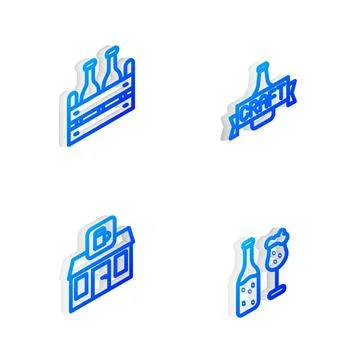 Set Isometric line Beer bottle, Pack of beer bottles, Store building shop a.. Ilustración de archivo