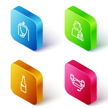 Set Isometric line Beer brewing process, Happy man with beer, Plastic bottle and Illustrazione stock
