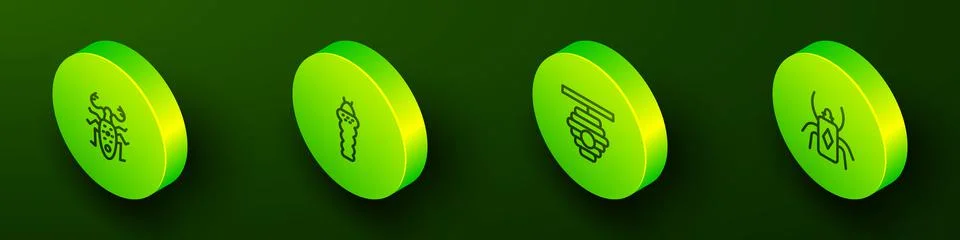 Set Isometric line Beetle deer, Larva insect, Hive for bees and bug icon. Vector Illustrazione stock