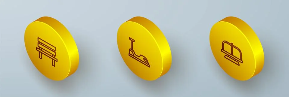 Set Isometric line Bench, Bumper car and Attraction carousel icon. Vector Stock Illustration