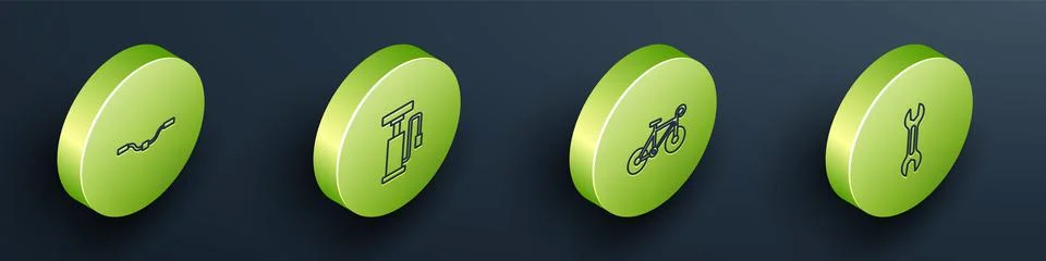 Set Isometric line Bicycle handlebar, air pump, and Wrench spanner icon. Vector Stock Illustration
