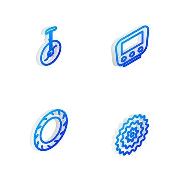 Set Isometric line Bicycle speedometer, Unicycle or one wheel bicycle, tire and 스톡 일러스트