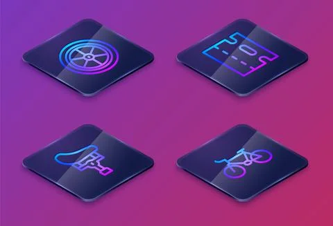 Set Isometric line Bicycle wheel, seat, lane and . Blue square button. Vector Illustrazione stock