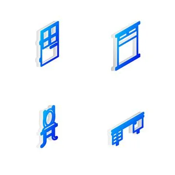 Set Isometric line Big bed, Closed door, Chair and Office desk icon. Vector Stock Illustration