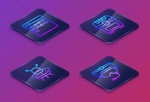 Set Isometric line Binary code, UFO flying spaceship, Antique treasure chest and 스톡 일러스트