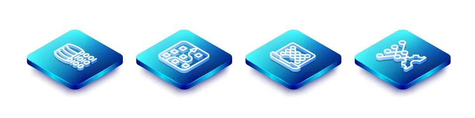 Set Isometric line Binary code, Neural network, and icon. Vector Stock Illustration