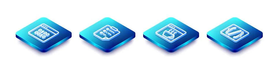 Set Isometric line Binary code, Clipboard with checklist, Software and Progra 스톡 일러스트