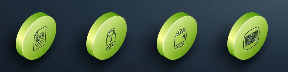Set Isometric line Binary code, Cyber security, Cryptocurrency wallet and  ic Stock Illustration