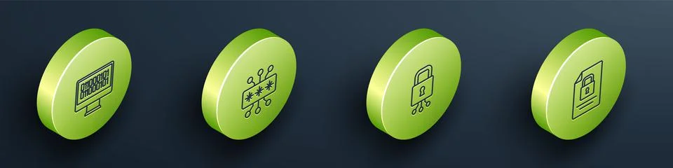 Set Isometric line Binary code, Cyber security,  and Document and lock icon.  Stock Illustration