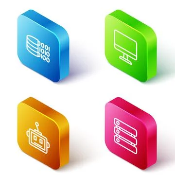 Set Isometric line Binary code, Computer monitor, Artificial intelligence robot Stock Illustration