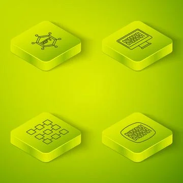 Set Isometric line Binary code, NFT blockchain technology, and icon. Vector Stock Illustration