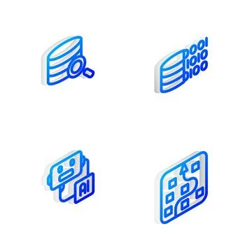 Set Isometric line Binary code, Server, Artificial intelligence robot and N.. 스톡 일러스트