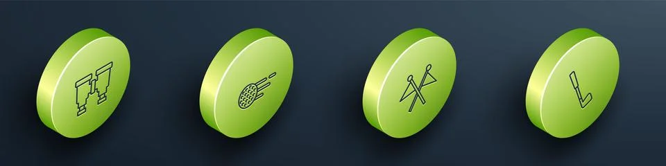 Set Isometric line Binoculars, Golf ball, flag and club icon. Vector Stock Illustration