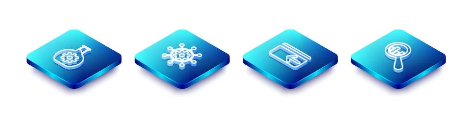 Set Isometric line Bioengineering, Project management, Cash back and Magnifying Stock Illustration