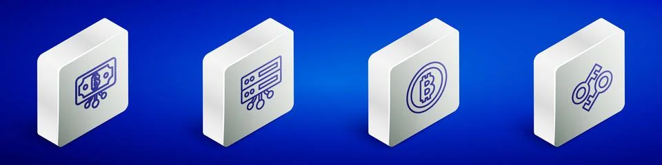 Set Isometric line Bitcoin with circuit, Server, and Cryptocurrency key icon Stock Illustration