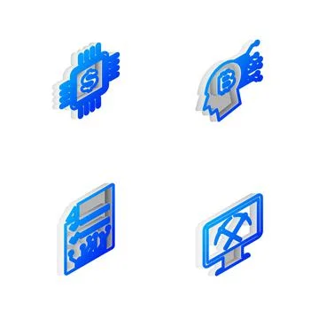 Set Isometric line Bitcoin think, Processor chip with dollar, Smart contract  Stock Illustration